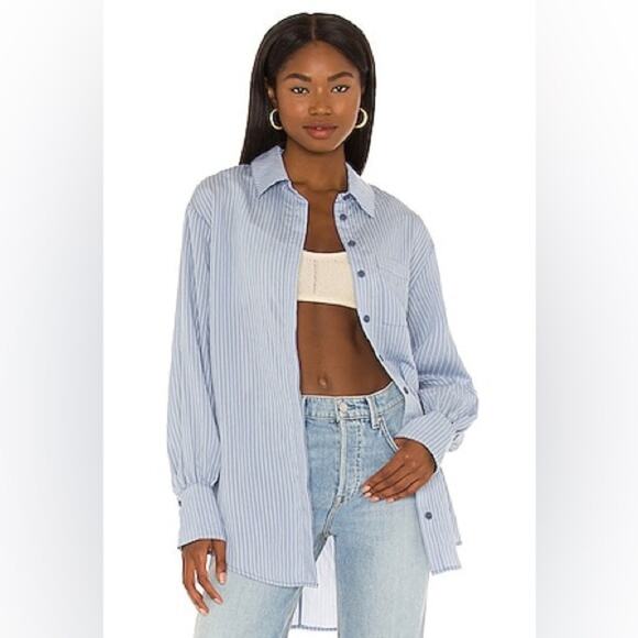 NWOT House Of Harlow Ivory Blouse Light Blue Stripe Button Down Shirt - XL - Picture 1 of 9